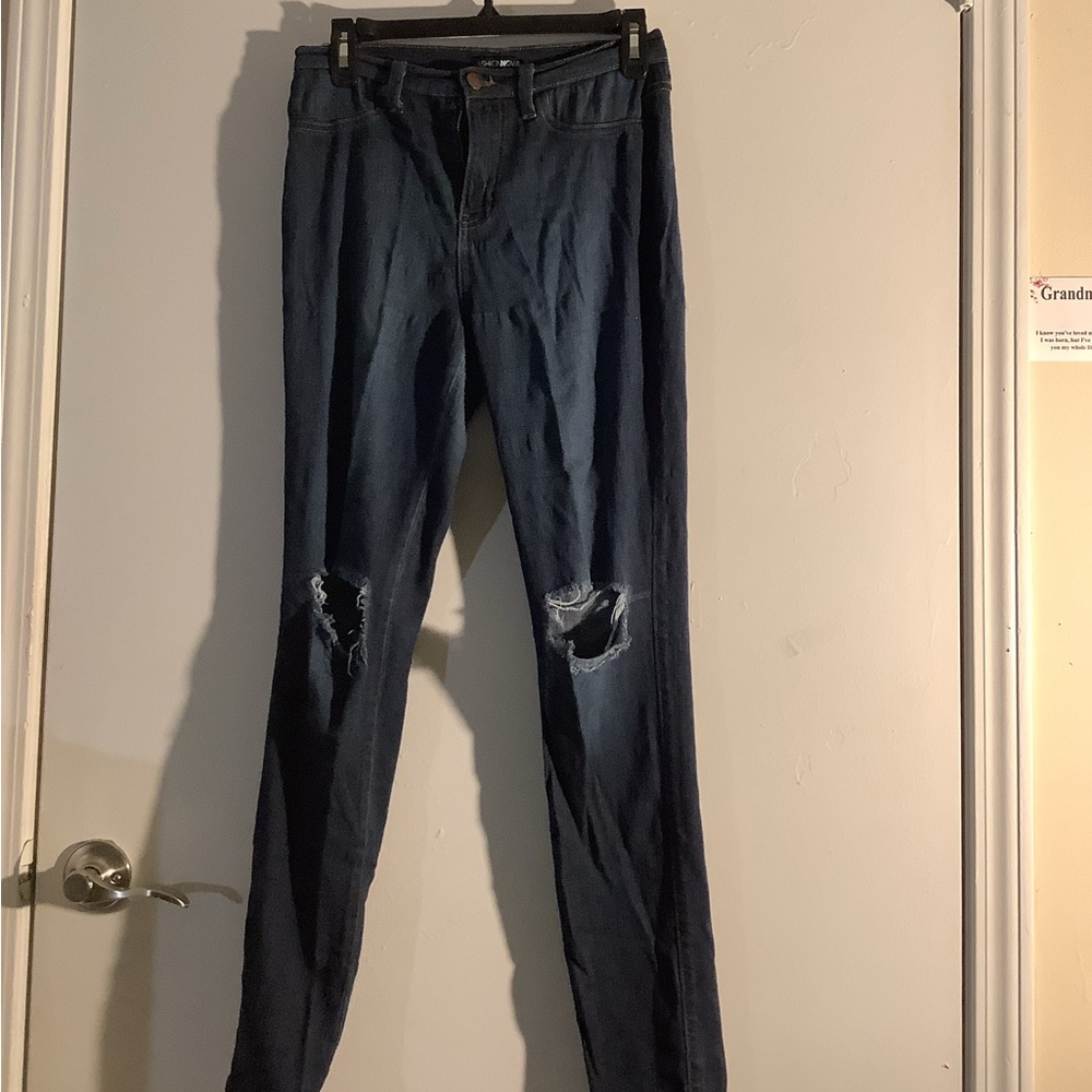 Fashion Nova distressed dark blue jeans, Size 13 (W/30)